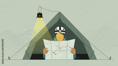 Man Inside Tent Reads Topographic Map During Expedition Adventure Trip
