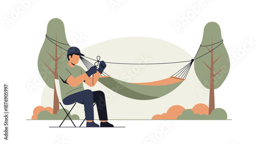 Man Installing Hammock Between Trees For Leisure Time In Summer Season