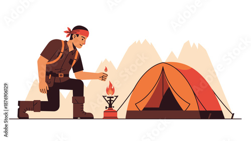 Man Lighting Camping Stove Outside Tent In The Mountains Adventure Scene