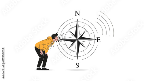 Man Listening To Directions From A Compass Rose Digital Navigation Guide