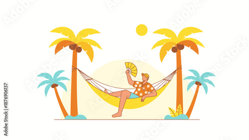 Man Enjoying Summer Vacation Relaxing On A Hammock Under Palm Trees