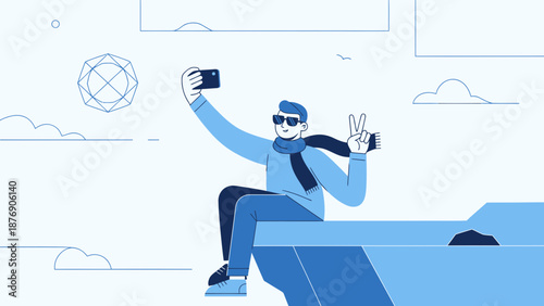 Man Enjoying Scenic View And Taking Selfie On Mountain Peak Using Smartphone