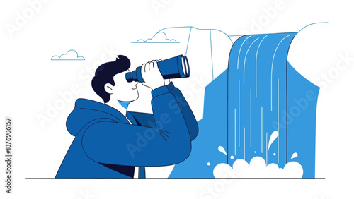 Man Looks Through Binoculars Toward Waterfall Discovering New Opportunities