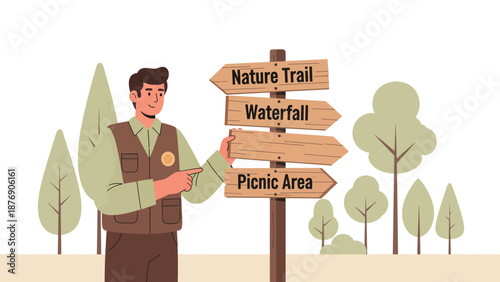 Man Explaining Direction Signs To Nature Trail Waterfall And Picnic Area