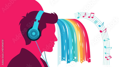 Man Listening Music With Rainbow Coming Out Of Head Creative Concept