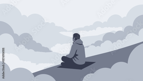 Man Meditating On A Mountain Top Amidst Cloudy Sky For Inner Peace