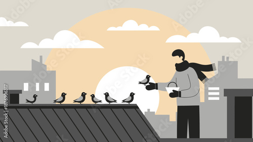 Man Feeding Birds On A Rooftop In The City During Wintertime Illustration