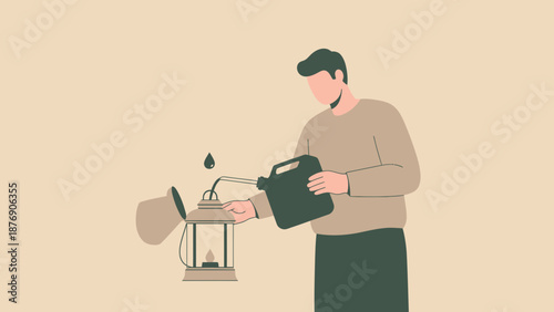 Man Filling Oil Lantern With Fuel For Light In Power Outage