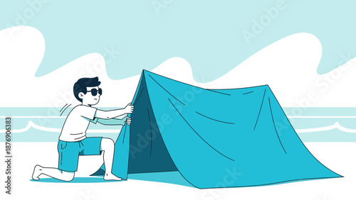Man On Beach Building Shelter To Escape Sun With Waves In The Background