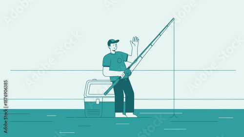 Man Fishing With Rod And Cooler Waving Hand Minimalist Illustration Character Design