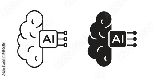 AI brain icons vector symbol with editable stroke and flat versions