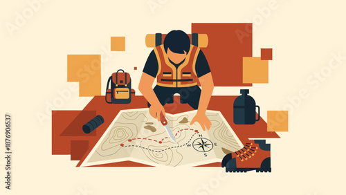Man Hiker Planning His Journey And Using A Map To Find The Right Way