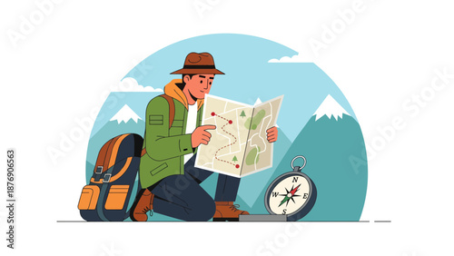 Man Planning Adventure Trip With Map And Compass In The Mountains