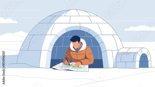 Man Planning Arctic Expedition Inside Igloo With Detailed Map In Winter