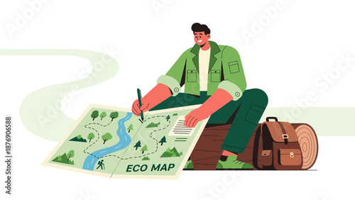 Man Planning Hiking Trip Using an Eco Map for Adventure Tourism on Holiday