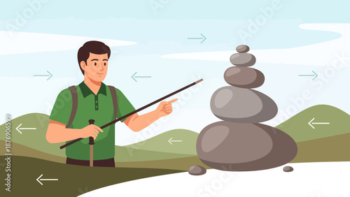 Man Hiking Showing Cairn Mountain Trail Marker In Nature Landscape Background