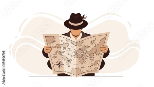 Man In Hat Reading World Map Adventure Discovery Journey Concept