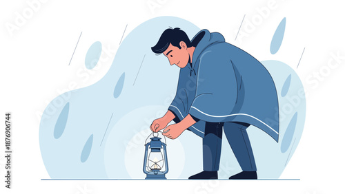 Man In Raincoat Lighting A Lantern During Rainy Weather Illustration