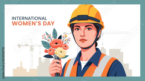 Illustration of female construction worker holding flowers for International Women’s Day symbolizing women empowerment, equality in labor, and respect for women in traditionally male professions