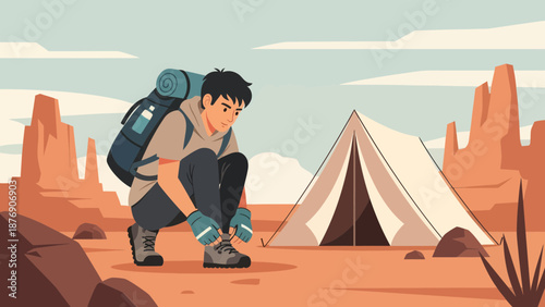 Man Prepares for Hiking in Desert Near Camp, Wearing Backpack, Illustration