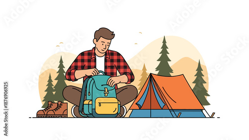 Man Prepares Gear For Outdoor Adventure Next To Tent In Serene Forest
