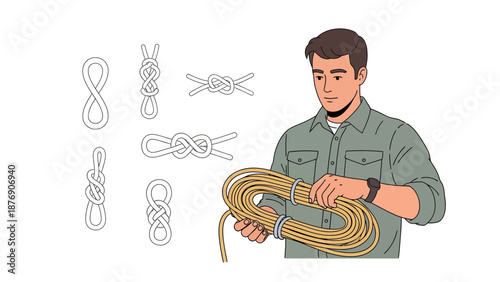 Man Showing Different Types Of Rope Knots Illustration With Rope In Hands