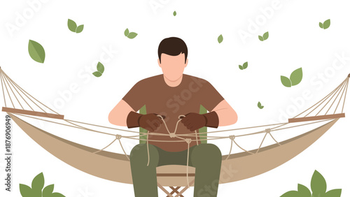 Man Sits in Hammock Weaving Ropes Outdoors with Leaves Falling from Above