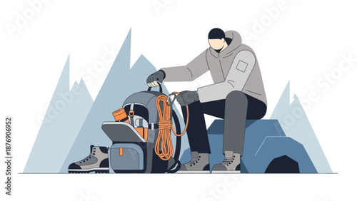 Man Prepares His Climbing Gear Before Ascending The Mountains On A New Adventure