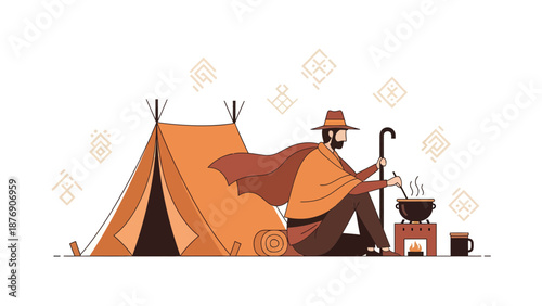 Man Prepares Meal Over Fire At Campsite, Minimalist Illustration Style