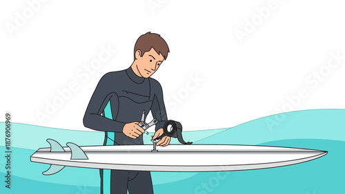 Man Prepares Surfboard for Ride with Toolkit and Waterproof Tape Equipment