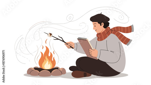 Man Sketching Bonfire With Marshmallow During Autumn Season