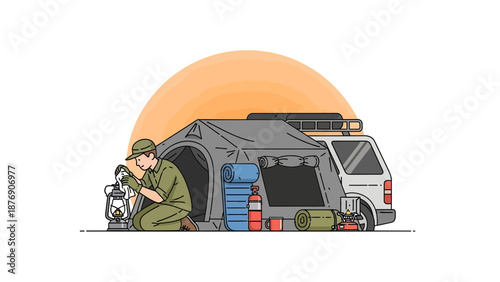 Man Prepares Lantern At Campsite With Tent And Overland Vehicle At Sunset