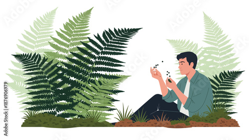 Man Sitting In The Forest Examining Berries Surrounded By Green Ferns