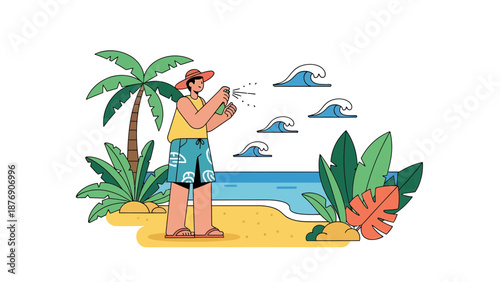 Man Spraying Sunscreen On Tropical Beach For Vacation Sun Protection