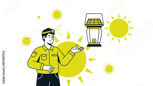 Man Presenting Solar Energy Powered Lantern With Multiple Suns And Headlamp