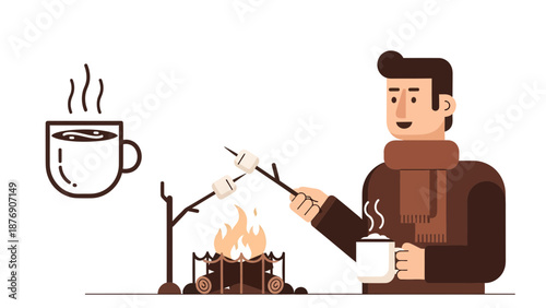 Man Toasting Marshmallows While Enjoying A Hot Drink On Cold Winter Day