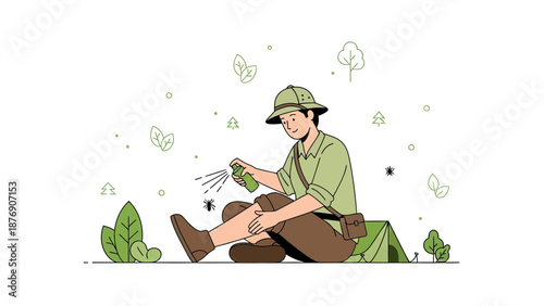 Man Protecting Himself From Mosquitoes With Insect Repellent Spray Outdoors