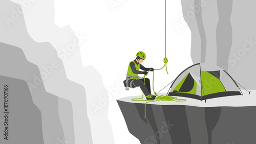 Man Rappelling Down A Cliff Near A Tent In The Mountains Adventure Concept