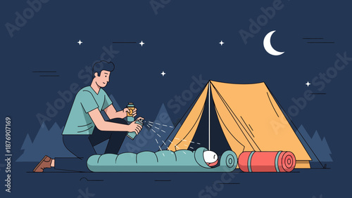 Man Protecting Sleeping Bag With Insect Repellent At Night Camping Trip