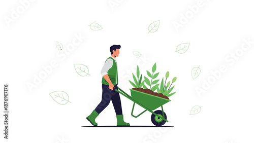 Man Pushing Wheelbarrow Full Of Plants Gardening With Foliage Background