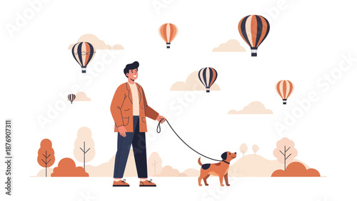 Man Walking Dog In Nature With Hot Air Balloons In The Background