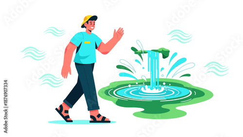 Man Walking Near Refreshing Waterfall on a Sunny Day in Nature Environment