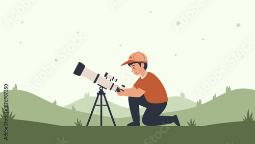 Man Watches The Stars Through a Telescope Illustration On Green Hills Background
