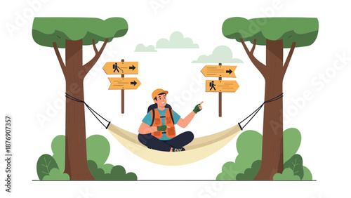 Man Relaxing In Hammock Between Trees After Hiking Adventure Route