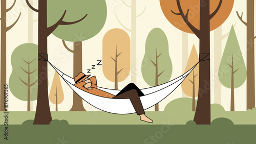 Man Relaxing In Hammock During Peaceful Autumn Season In The Forest