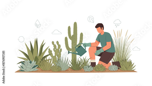 Man Watering Plants In Desert Garden Summer Gardening And Landscaping