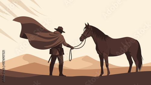 Man With Horse In Desert Graphic Template Cowboy Illustration Silhouette