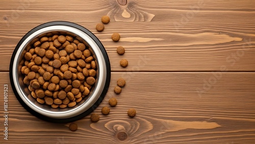 Dog Food in Metal Bowl on Wooden Table.