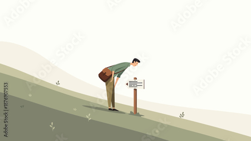 Man With Satchel Examining a Signpost on a Hillside Path Illustration
