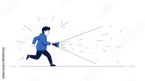 Man Runs With Flashlight Illuminating The Way On A Dark Background